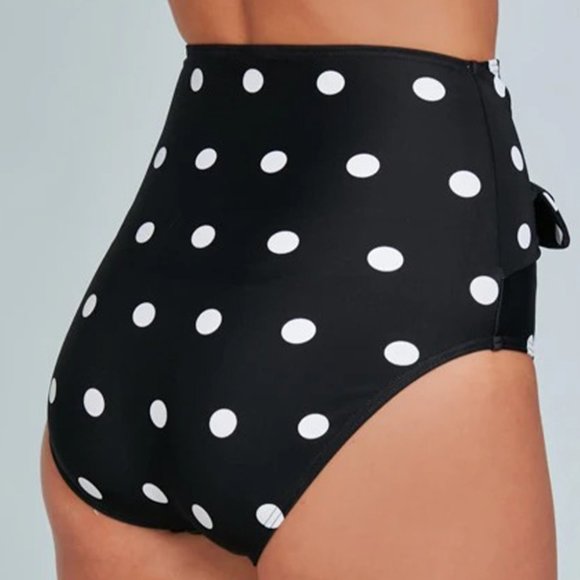 Black Polka Dot Print High Waist Bikini Bottom - Picture 3 of 4